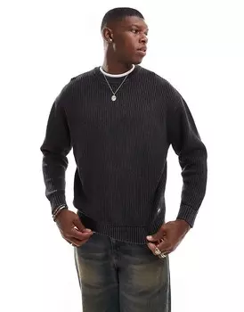 Pull&Bear – графитово-серый свитер в рубчик с эффектом стирки