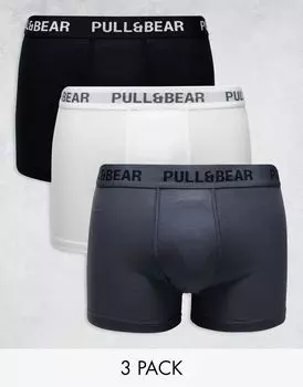 Pull&Bear – комплект из 3 пар боксеров белого, серого и черного цветов с контрастной резинкой на талии