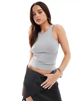 Pull&Bear – Майка из полиамида, моделирующая фигуру, бледно-серого цвета со спортивной спинкой