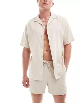 Pull&Bear – Песочная рубашка с кубинским воротником в льняном исполнении