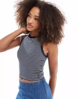 Pull&Bear полосатый гоночный топ в рубчик темно-синего цвета