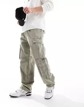 Pull&Bear – широкие брюки-карго с несколькими карманами цвета хаки