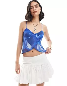 Pull&Bear – Синяя майка с узором и подолом-конвертом