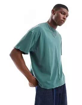 Pull&Bear свободная укороченная рваная футболка зеленого цвета