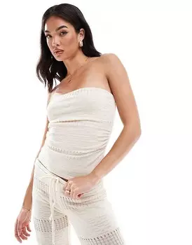 Pull&Bear – Текстурный топ цвета экрю с сетчатым узором и вырезом-бандо, часть комплекта