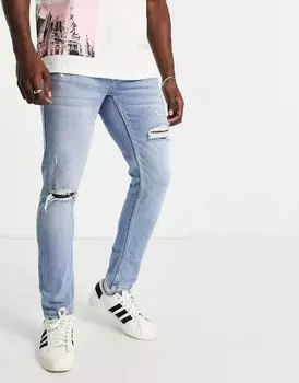 Pull&Bear – узкие джинсы синего цвета с декоративными разрывами