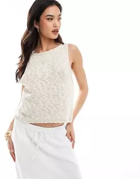 Pull&Bear – Вязаная майка крючком цвета экрю