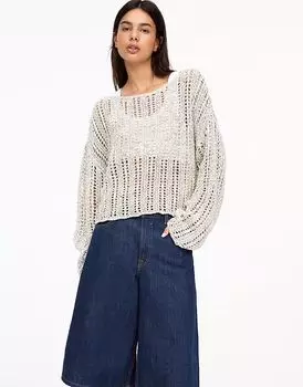 Pull&Bear - вязаный крючком укороченный свитер цвета экрю с открытыми плечами