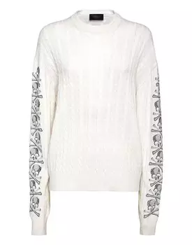 Пуловер Cash Five с круглым вырезом LS Cable Crystal Skull Philipp Plein, цвет Cream