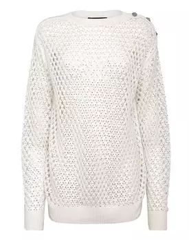 Пуловер Cashmere 5 с круглым вырезом LS Ажурная сетка Кристалл Philipp Plein, цвет Cream