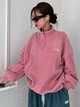 Пуловер DAZY, вышивка, буквы, полумолния, заниженная линия плеча, флис, розовый