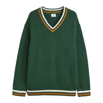 Пуловер H&amp;M Relaxed Fit Cotton, темно-зеленый/белый