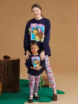 Пуловер и штаны Shein X Маша и Медведь с мультяшным рисунком, темно-синий