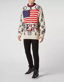 Пуловер из мериносовой шерсти с круглым вырезом США LS Philipp Plein, цвет Cream