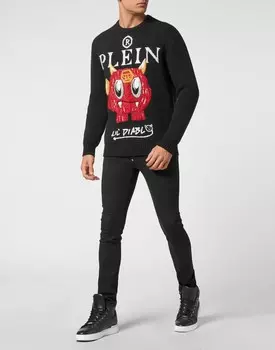 Пуловер из мериносовой шерсти с круглым вырезом LS Philipp Plein, черный