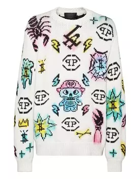 Пуловер из шерсти и хлопка с круглым вырезом LS Tattoo Monogram Philipp Plein, белый
