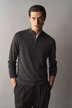 Пуловер из шерсти мериноса на молнии прилегающего кроя. H&M, серый