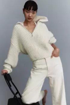 Пуловер крупной вязки с молнией сверху H&M, бежевый