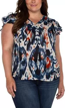 Пуловер Liverpool Los Angeles Plus Size Shirred V-Neck Dolman Top with Tie Details, цвет Allover Ikat Print
