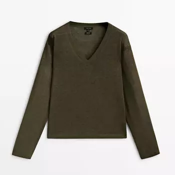 Пуловер Massimo Dutti Linen V-Neck, темный хаки