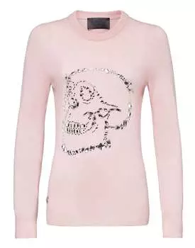 Пуловер с круглым вырезом LS Look At Me Skull crystal PHILIPP PLEIN, розовый/розовый