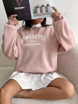 Пуловер с надписью EZwear Контрастный воротник, заниженная линия плеча Shein, пастельно-розовый