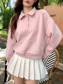 Пуловер, воротник-поло, заниженная линия плеча, карман-кенгуру Dazy, розовый