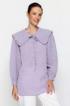 Пурпурная тканая туника с принтом в мелкую клетку с детским воротником Trendyol Modest, фиолетовый