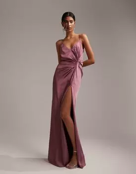 Пурпурное атласное платье макси с бретелями и драпированной вставкой ASOS DESIGN Bridesmaid