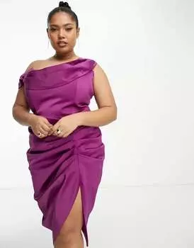 Пурпурное атласное платье мини с открытыми плечами и рюшами по бокам Lavish Alice
