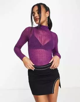 Пурпурное боди из сетки с кристаллами и заклепками ASOS hotfix