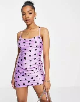 Пурпурное платье-комбинация мини с атласным капюшоном и сборками сбоку Miss Selfridge