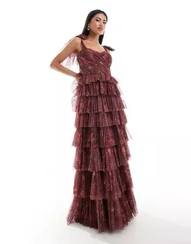 Пурпурное платье макси из тюля Lace & Beads с бантом на плечах и цветочным принтом