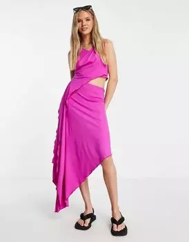 Пурпурное платье миди асимметричного кроя из джерси с вырезами и салатовым подолом Topshop