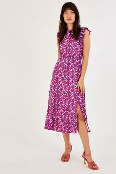 Пурпурное платье миди без рукавов с цветочным принтом и рюшами Monsoon, фиолетовый