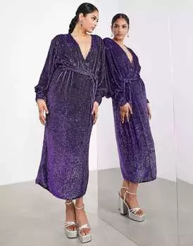 Пурпурное платье миди с запахом и пайетками ASOS