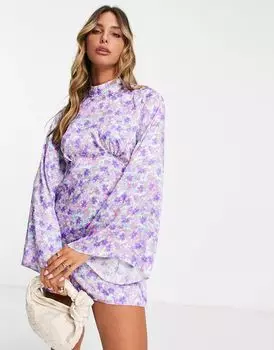 Пурпурное платье мини с цветочным принтом и расклешенными рукавами River Island
