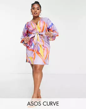 Пурпурное платье мини с глубоким вырезом и завязками спереди ASOS DESIGN Curve