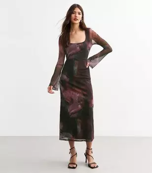 Пурпурное сетчатое платье с длинными рукавами и цветочным принтом New Look, фиолетовый