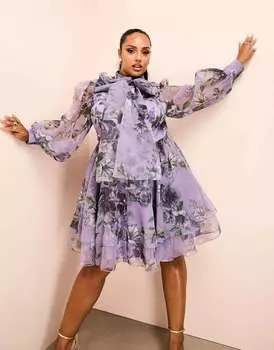 Пурпурное свободное платье мини из органзы с бантом ASOS LUXE Curve