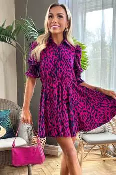 Пурпурное вишневое платье-рубашка с расклешенным низом рукавами-фонариками и животным принтом Ax Paris, фиолетовый