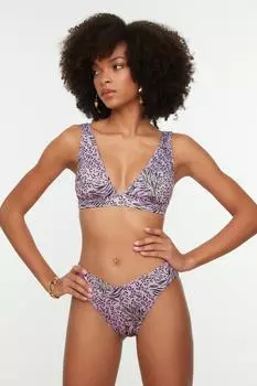 Пурпурные плавки бикини с V-образным вырезом и животным узором Trendyol, разноцветный