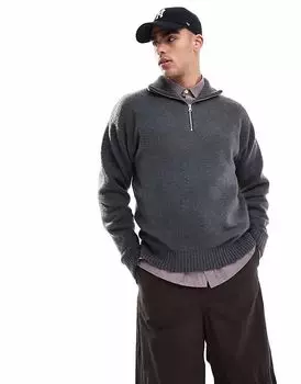 Пушистая вязаная кофта Jack & Jones с застежкой-молнией на половину длины, темно-серого цвета