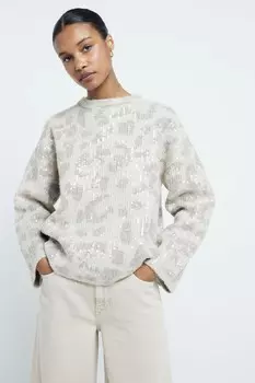Пушистый джемпер с леопардовым принтом и пайетками River Island, коричневый