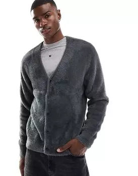 Пушистый кардиган большого размера темно-серого цвета Jack & Jones