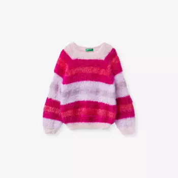 Пушистый разноцветный полосатый джемпер из искусственного меха 18 мес.-6 лет Benetton, розовый