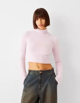 Пушистый свитер с высоким воротником Bershka, розовый