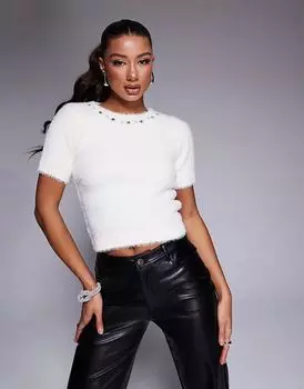 Пушистый трикотажный топ с короткими рукавами кремового цвета River Island