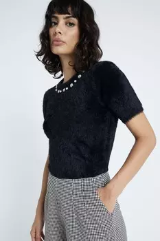 Пушистый трикотажный топ с короткими рукавами River Island, черный