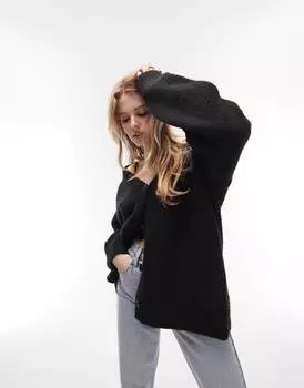 Пушистый вязаный кардиган миди черного цвета Topshop